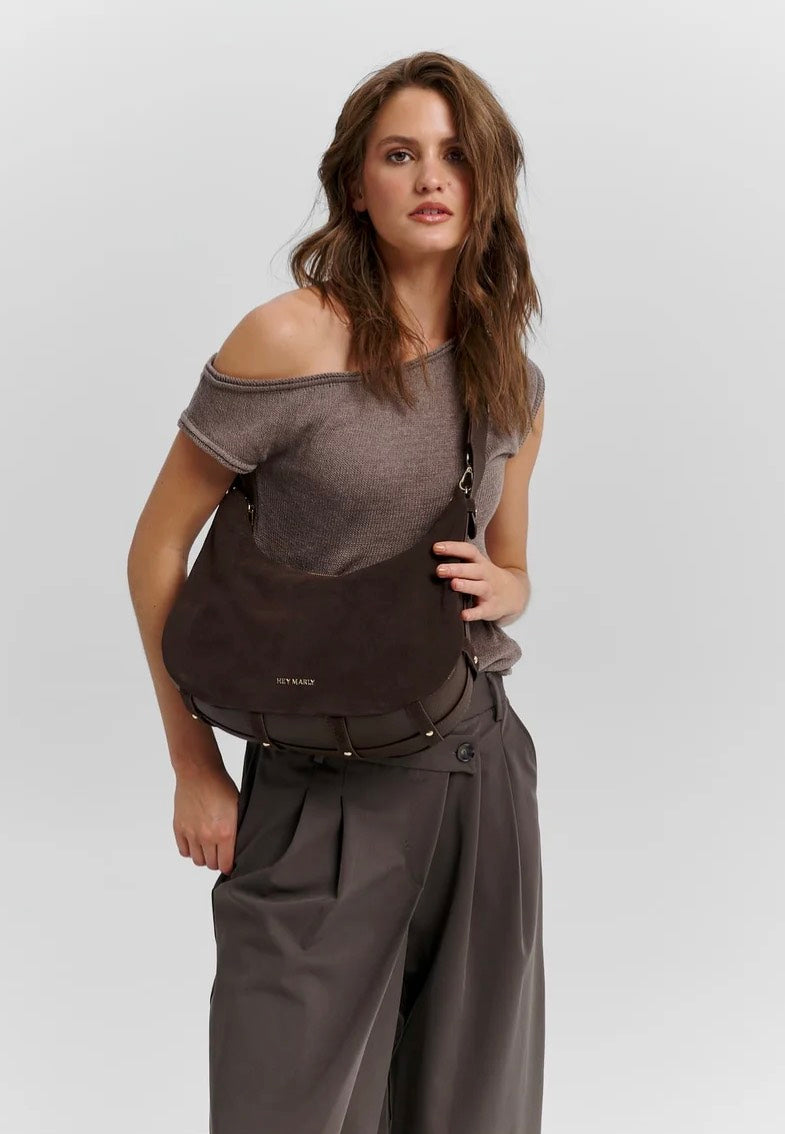 Hey Marly Lifetime Sister Suede M Coffee Crossbody Bag